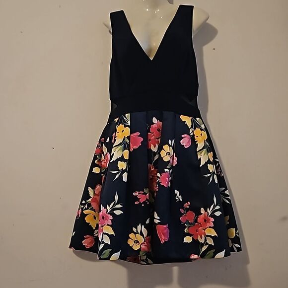 XSCAPE Women's Floral SideMesh Cutout Tutu Mini Dress 12 Navy Blue, Pink - Picture 2 of 16